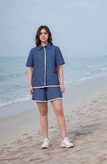 Navy Blue Solid Cotton Shirt With Shorts Co-Ords Set