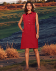 Red Solid Shirt Collar Dress