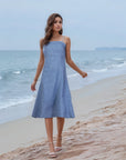 Blue Solid A-line Shoulder Straps Dress