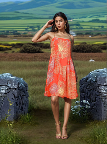Orange Floral Print Shoulder Straps Sleeveless Dress