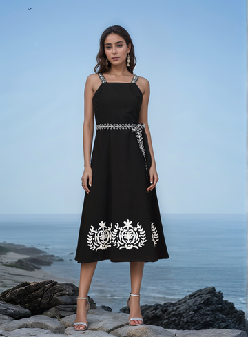 Black Solid Self Design Shoulder Straps Dress