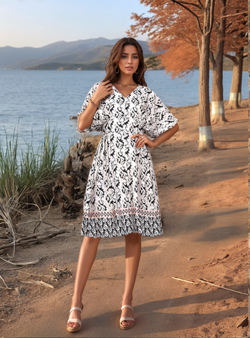White & Black Abstract Print fit & flare V-Neck Dress