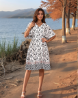 White & Black Abstract Print fit & flare V-Neck Dress