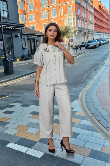 Grey Solid Round Neck Top With Trousers Co-Ords Set