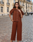 Solid Brown Round Neck Shirt With Trousers Co-Ords