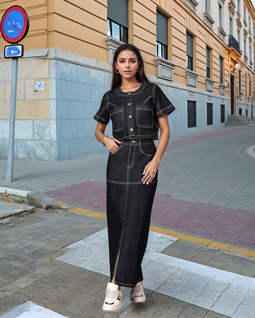 Black Solid Denim Round Neck Top With Skirt Co-Ords