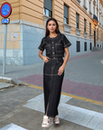 Black Solid Denim Round Neck Top With Skirt Co-Ords