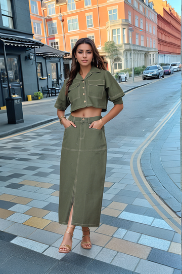 Olive Solid Shirt collar Top With Skirt Co-Ords Set