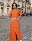 Orange Solid Shirt collar Top With Skirt Co-Ords Set