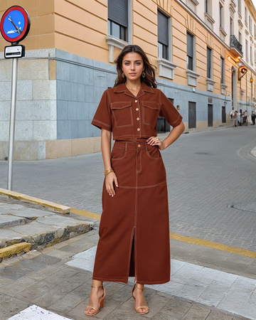 Brown Solid Shirt collar Top With Skirt Co-Ords Set