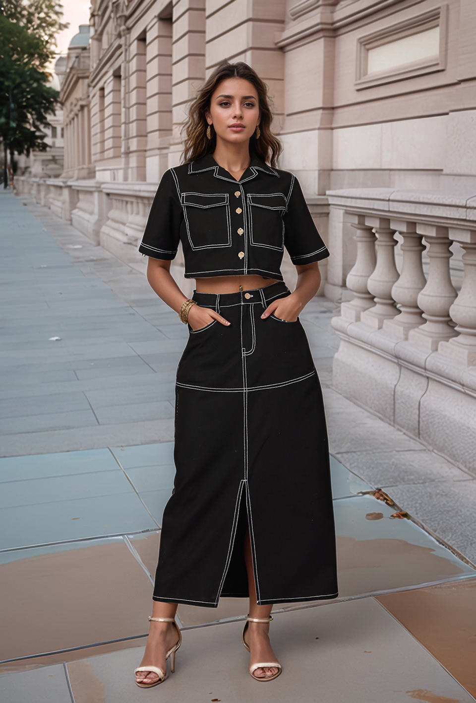 Black Solid Shirt collar Top With Skirt Co-Ords Set