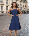 Solid Blue Fit & Flare Shoulder Straps Dress