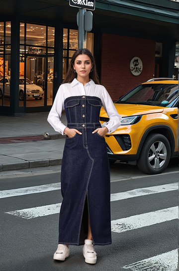 Blue Solid Shirt Collar Maxi Dress