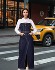 Blue Solid Shirt Collar Maxi Dress
