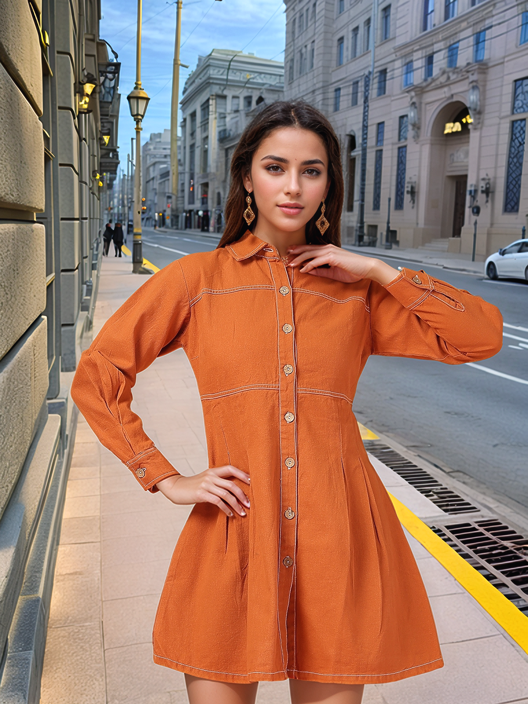 Solid Orange Shirt Collar Dress