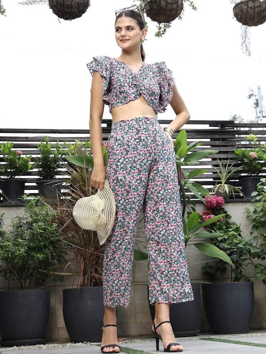 Printed V-Neck Top With Trousers Co-Ord Set multi