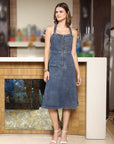 Women Halter Neck A-Line Cotton Midi Dress light-blue