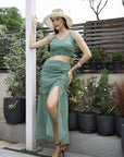 Printed Shoulder Strap Neck Top With Skirt Co-Ord Set sea-green