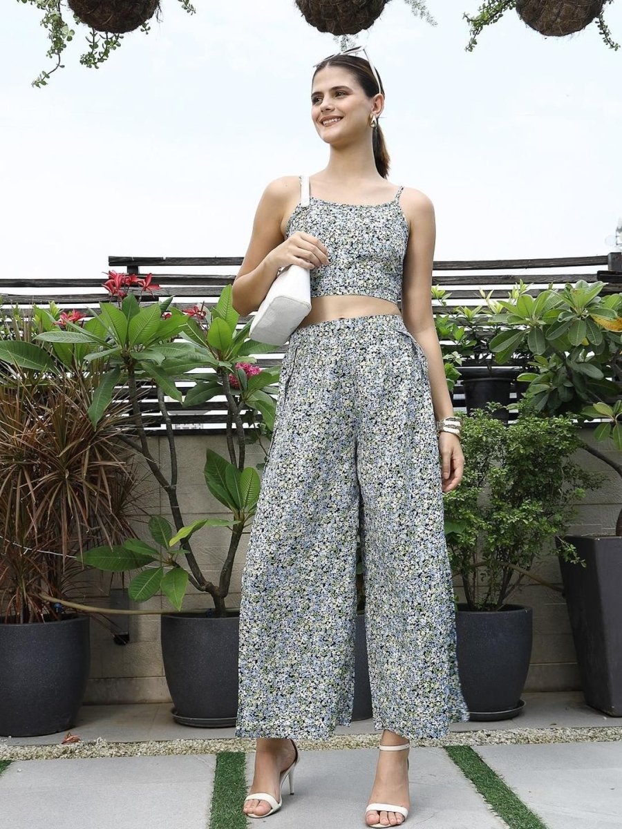 Shoulder Strap Printed Top With Palazzo Co-Ord Set multi