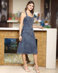 Women Halter Neck A-Line Cotton Midi Dress light-blue