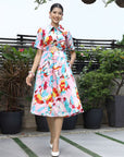 Floral Printed Shirt Collar Short Sleeves Shirt Dress Pink