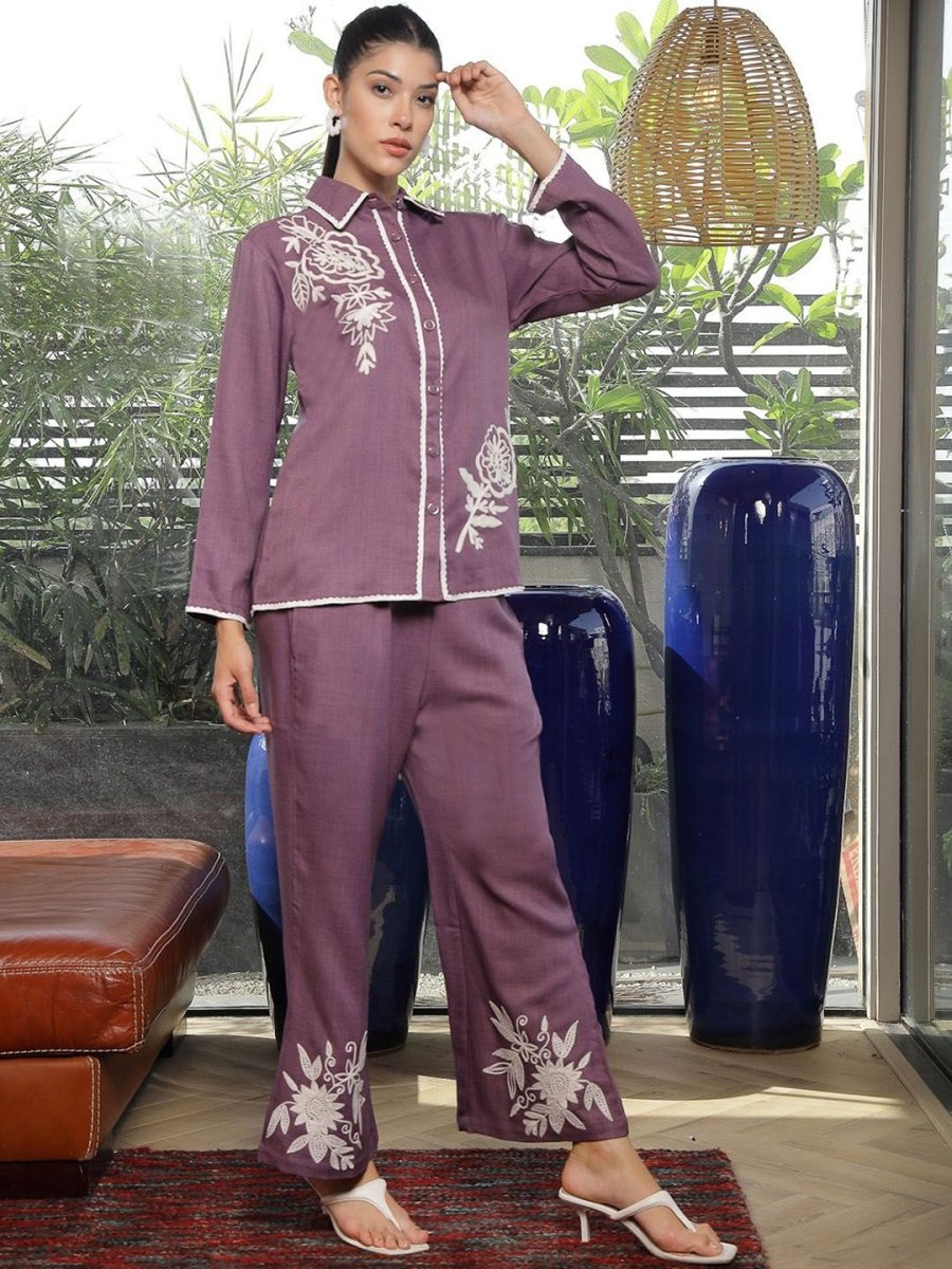 Shirt Collar Embroidered Cotton Shirt With Trousers Co-Ords Set pink