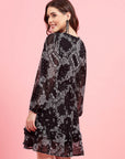 Black Paisley Printed Puff Sleeves Gathered A-Line Dress