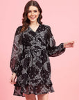 Black Paisley Printed Puff Sleeves Gathered A-Line Dress