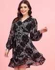 Black Paisley Printed Puff Sleeves Gathered A-Line Dress