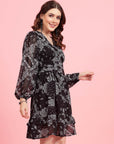 Black Paisley Printed Puff Sleeves Gathered A-Line Dress