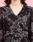 Black Paisley Printed Puff Sleeves Gathered A-Line Dress