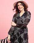 Black Paisley Printed Puff Sleeves Gathered A-Line Dress