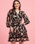 Black Geometric Printed V-Neck Smocked Fit & Flare Dress