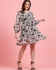 White Floral Printed Puff Sleeves Gathered A-Line Dress