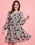 White Floral Printed Puff Sleeves Gathered A-Line Dress