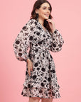 White Floral Printed Puff Sleeves Gathered A-Line Dress