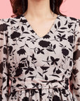 White Floral Printed Puff Sleeves Gathered A-Line Dress