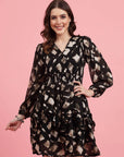 Abstract Printed V-Neck Puff Sleeves Smocked Detail Fit and Flare Dress