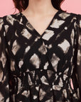 Abstract Printed V-Neck Puff Sleeves Smocked Detail Fit and Flare Dress