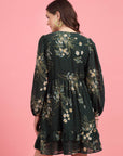 Green Floral Printed Puff Sleeves Gathered A-Line Dress