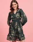 Green Floral Printed Puff Sleeves Gathered A-Line Dress