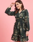 Green Floral Printed Puff Sleeves Gathered A-Line Dress