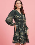 Green Floral Printed Puff Sleeves Gathered A-Line Dress