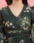 Green Floral Printed Puff Sleeves Gathered A-Line Dress