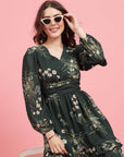 Green Floral Printed Puff Sleeves Gathered A-Line Dress