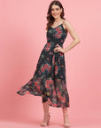 Floral Printed Shoulder Straps Fit and Flare Dress