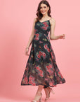 Floral Printed Shoulder Straps Fit and Flare Dress