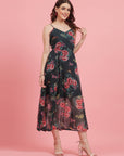 Floral Printed Shoulder Straps Fit and Flare Dress