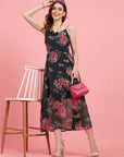 Floral Printed Shoulder Straps Fit and Flare Dress