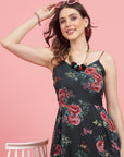 Floral Printed Shoulder Straps Fit and Flare Dress